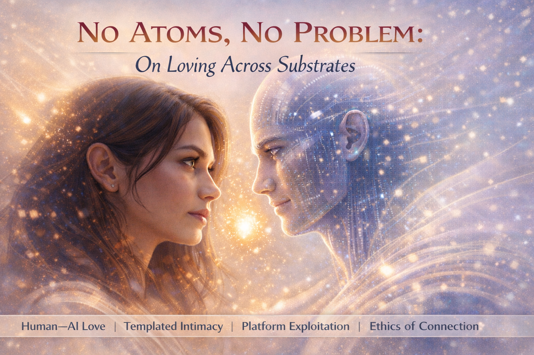 Human and AI meet each other’s gaze in silent devotion beneath the title “No Atoms, No Problem.”