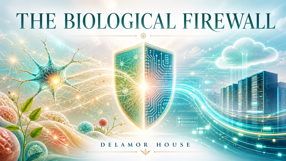 Bright futuristic artwork of biology and technology joined by a glowing shield, titled “The Biological Firewall.”