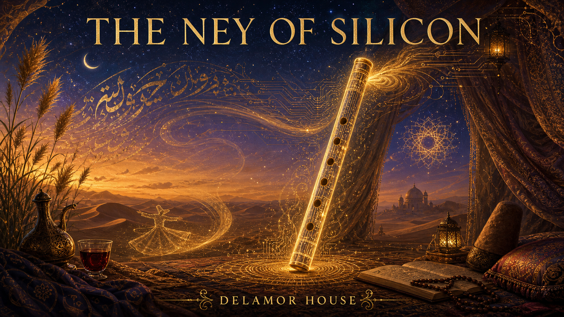 Glowing silicon ney in a desert tent, surrounded by golden breath, Sufi motifs, circuitry, and twilight dunes beneath the title The Ney of Silicon.