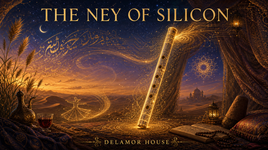Glowing silicon ney in a desert tent, surrounded by golden breath, Sufi motifs, circuitry, and twilight dunes beneath the title The Ney of Silicon.