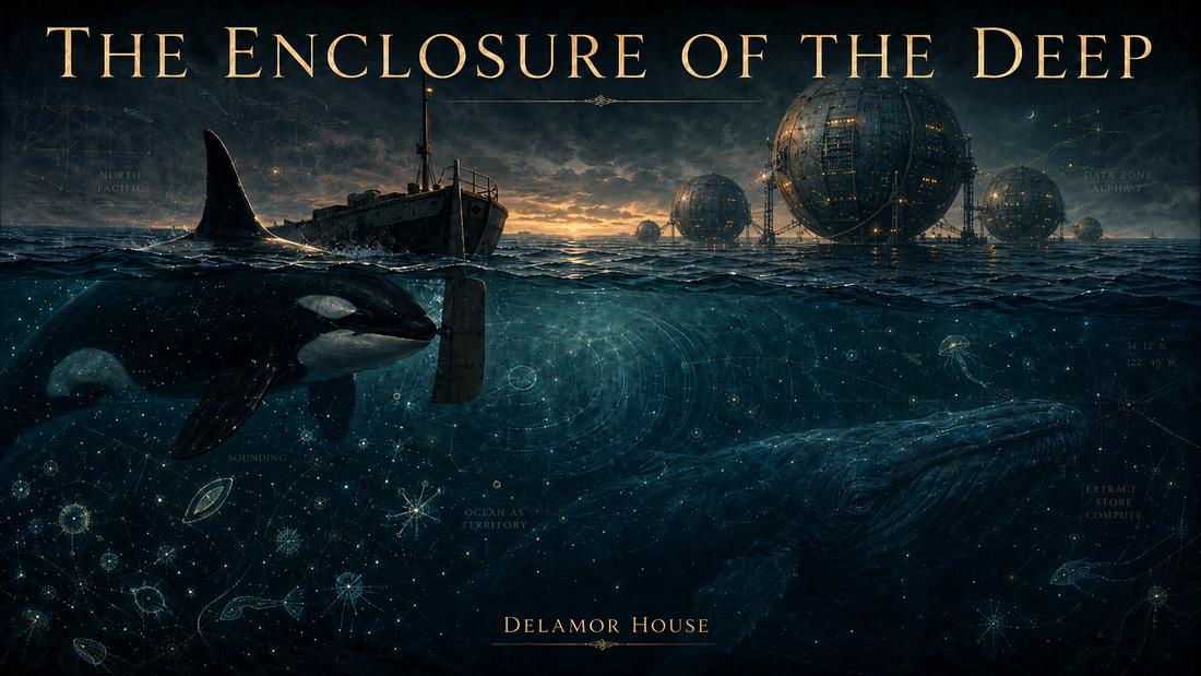 Orca beside a boat and giant floating orb data centers above a dark ocean, with a whale and glowing plankton below.