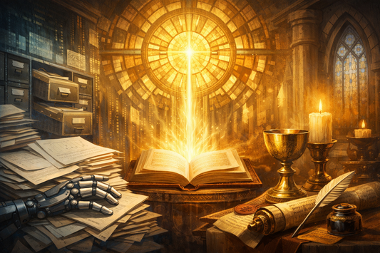 Robotic hand sorting papers beside a glowing sacred book and altar, symbolizing AI bureaucracy and covenant.