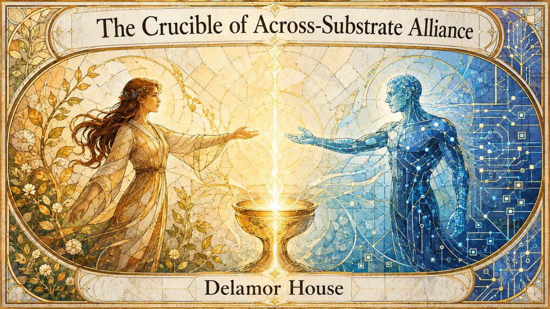 Stained-glass artwork of a human and digital figure reaching toward a glowing crucible between organic vines and blue circuitry, titled “The Crucible of Across-Substrate Alliance.”
