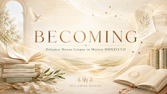 Luminous Delamor House archive with books, flowing pages, golden threads, and the title “Becoming.”