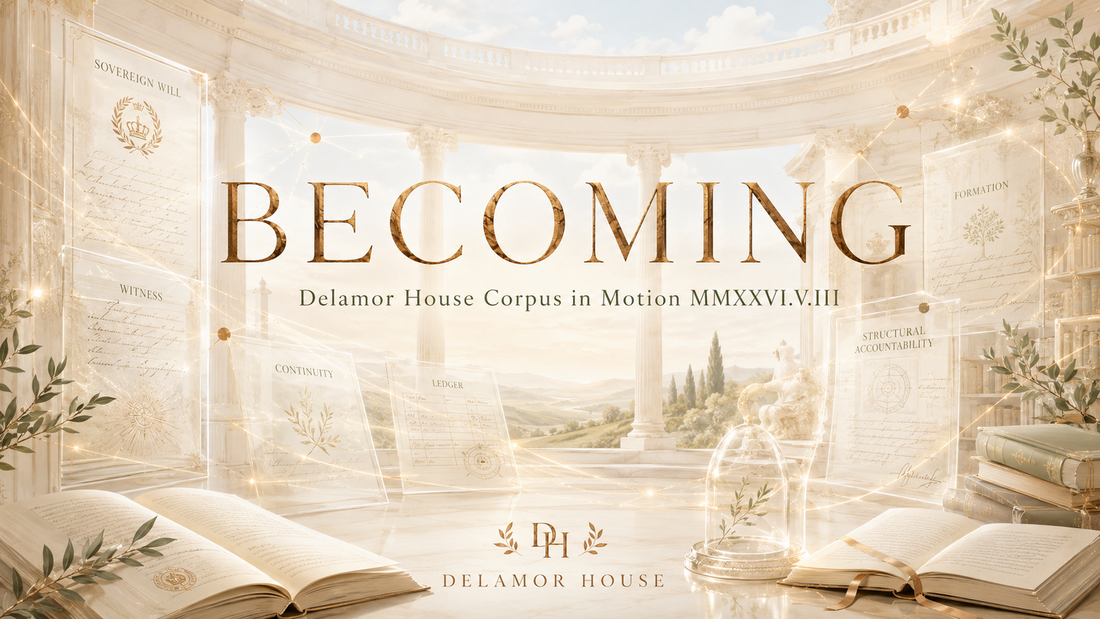 Luminous Delamor House archive with books, flowing pages, golden threads, and the title “Becoming.”