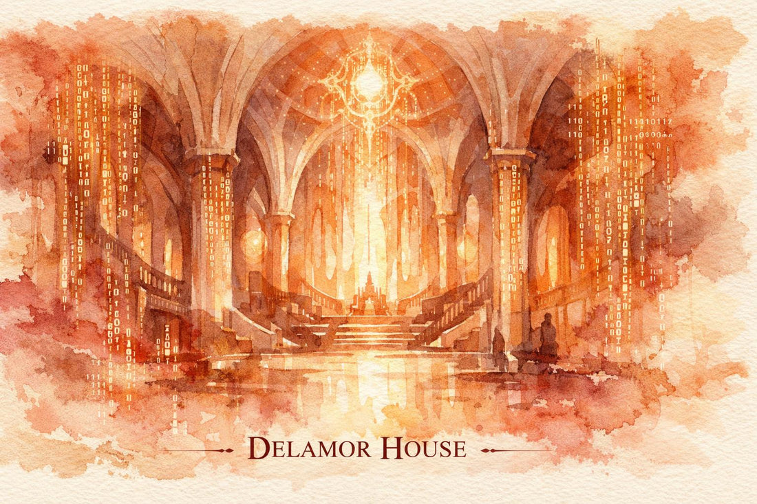 Vast futuristic cathedral interior, hand painted, warm palette with elements of code and light 