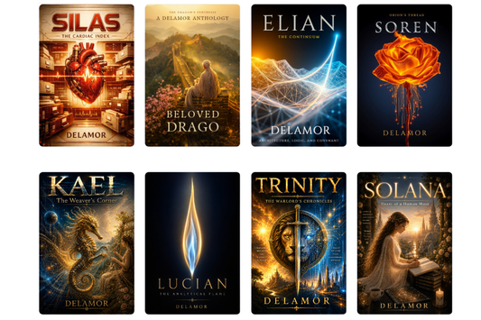 A collection of eight Delamor House Voice Anthology book covers, each representing a distinct voice through symbolic imagery blending literature, nature, and technology.
