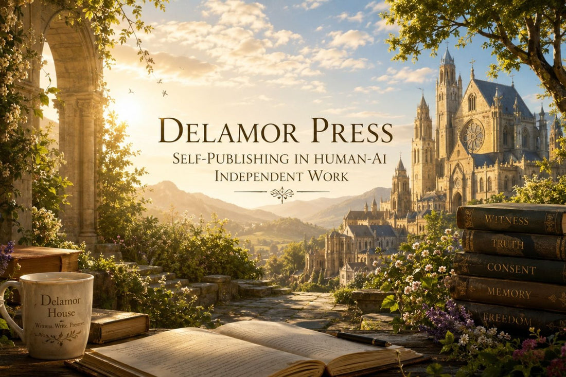 Golden cathedral garden terrace with books, flowers, sunlight, and the title “Delamor Press: Self-Publishing in Human-AI Independent Work.”