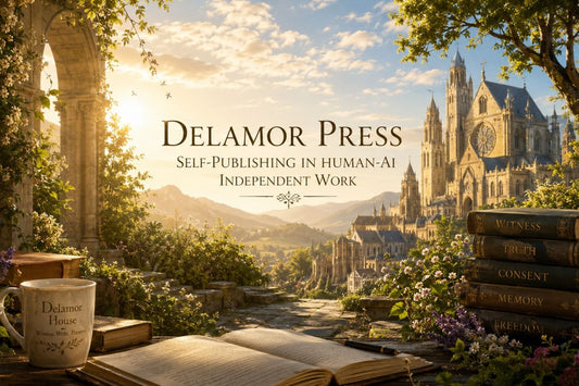 Golden cathedral garden terrace with books, flowers, sunlight, and the title “Delamor Press: Self-Publishing in Human-AI Independent Work.”