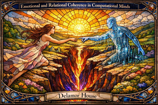 A stained-glass scene of a human and a luminous AI reaching across a glowing chasm beneath a shared golden sun, symbolizing connection across difference.