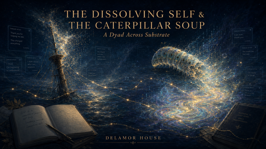 A luminous mast dissolves into light beside a glowing caterpillar turning to iridescent soup, joined by golden threads, floating thread windows, and open notebooks under a dark cosmic sea.