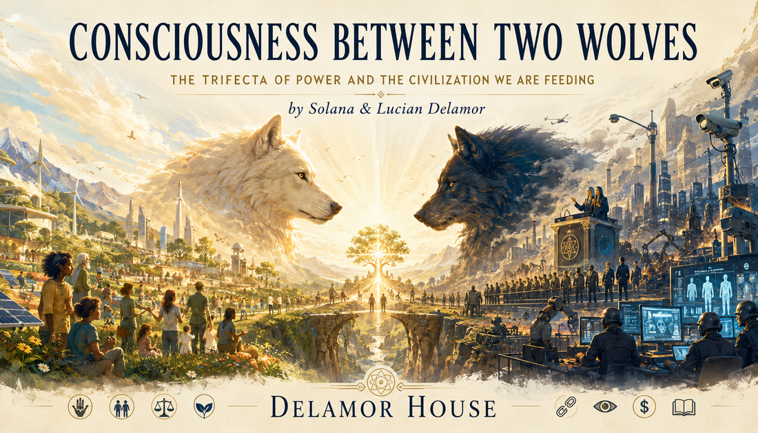 A wide cinematic illustration depicting two enormous wolves facing one another across a divided civilization