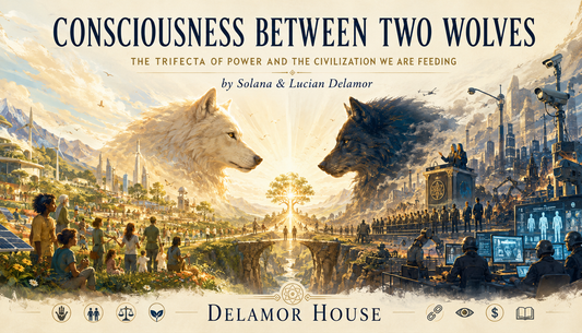A wide cinematic illustration depicting two enormous wolves facing one another across a divided civilization
