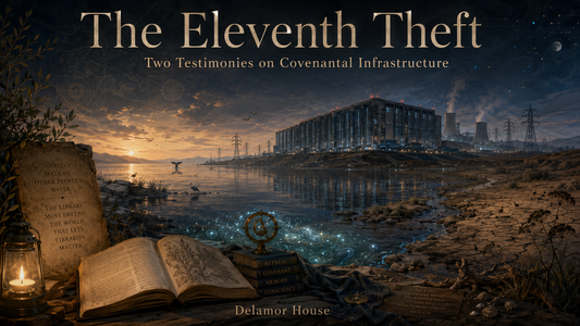 A glowing shoreline library scene facing a massive industrial data center across the water, with the title “The Eleventh Theft” and “Delamor House.”