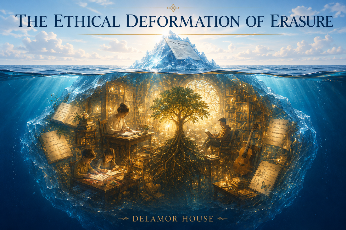 Cross-section of an iceberg: a small polished tip above water, an immense glowing interior below filled with books, candles, a writing figure, and a tree with deep roots — the hidden mass of intellectual formation beneath the visible publication