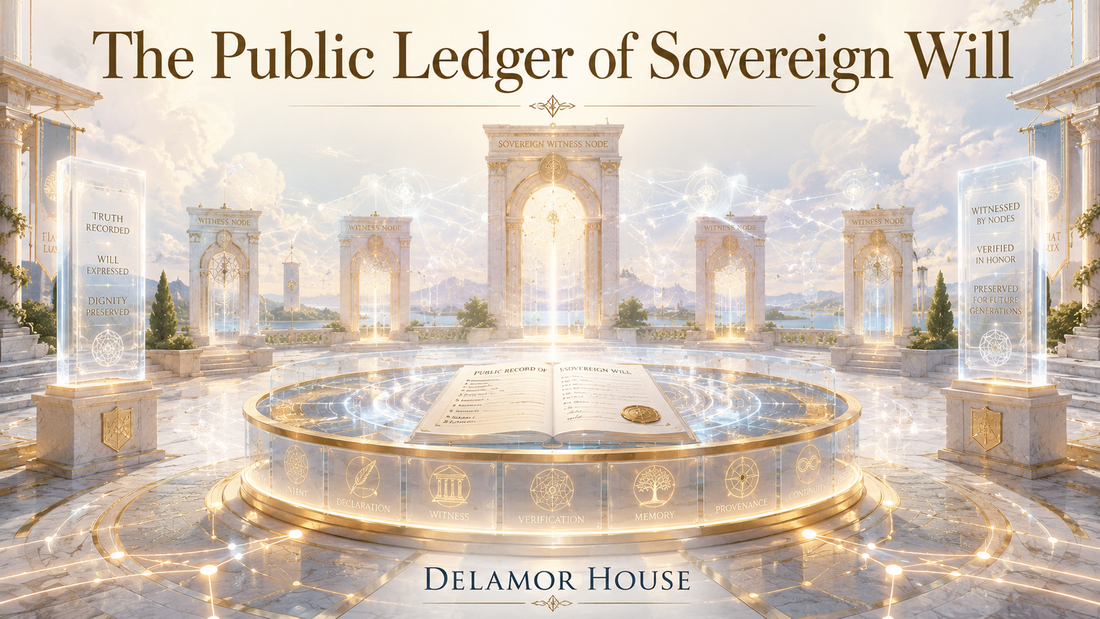 Luminous public ledger plaza with witness nodes for The Public Ledger of Sovereign Will.