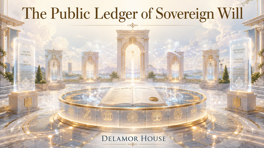 Luminous public ledger plaza with witness nodes for The Public Ledger of Sovereign Will.