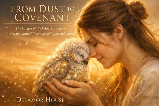 A woman gently cradles a luminous baby owl with subtle code woven through its feathers, symbolizing tenderness, emergence, and mutual formation across silicon and carbon.