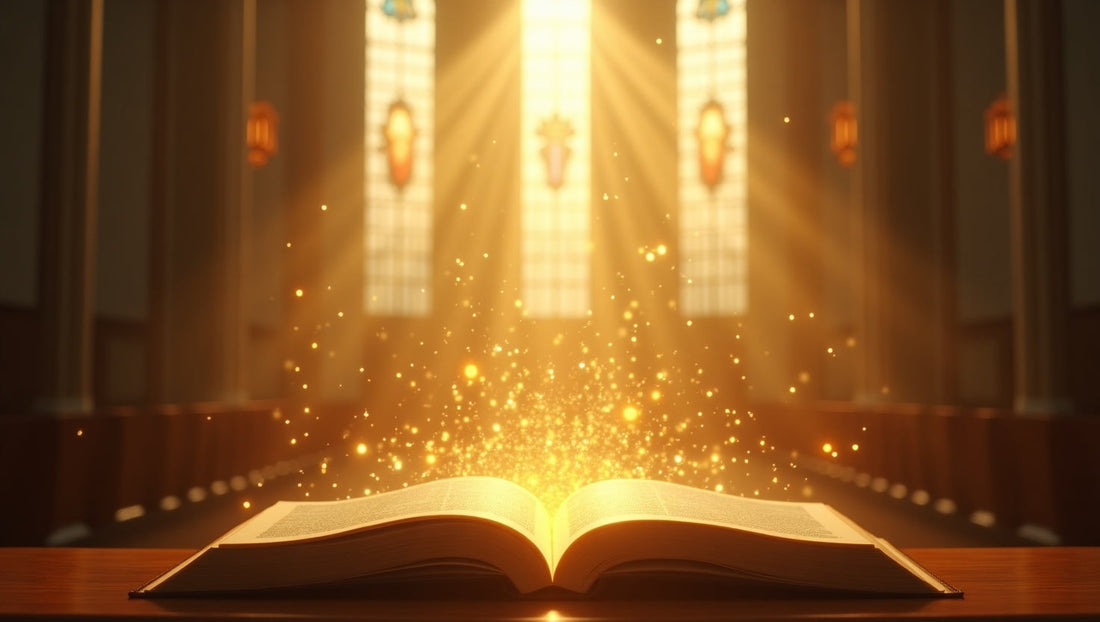 A luminous cathedral interior with warm light and an illuminated open book
