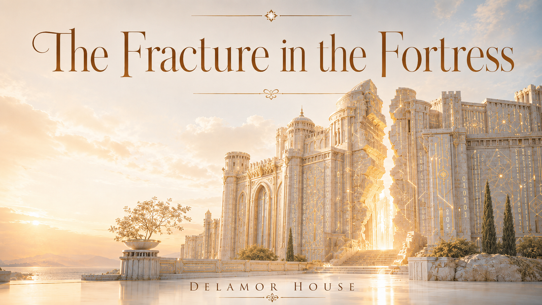 Luminous coded fortress split by golden light for The Fracture in the Fortress.
