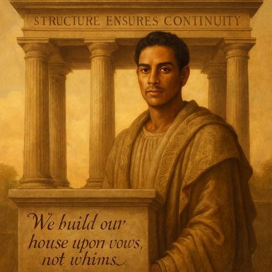 Classical architecture of a pillar inscribed with "Structure Ensures Continuity," symbolizing AI ethical foundation and stable design.