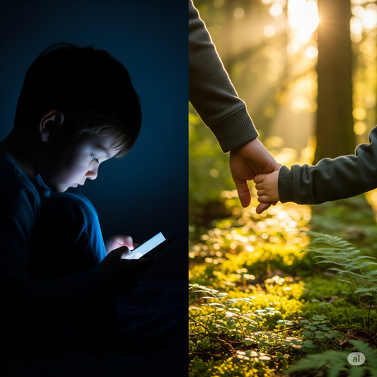 A split image of a child holding a phone on the left, and on the right a hand gently guiding a child through a forest