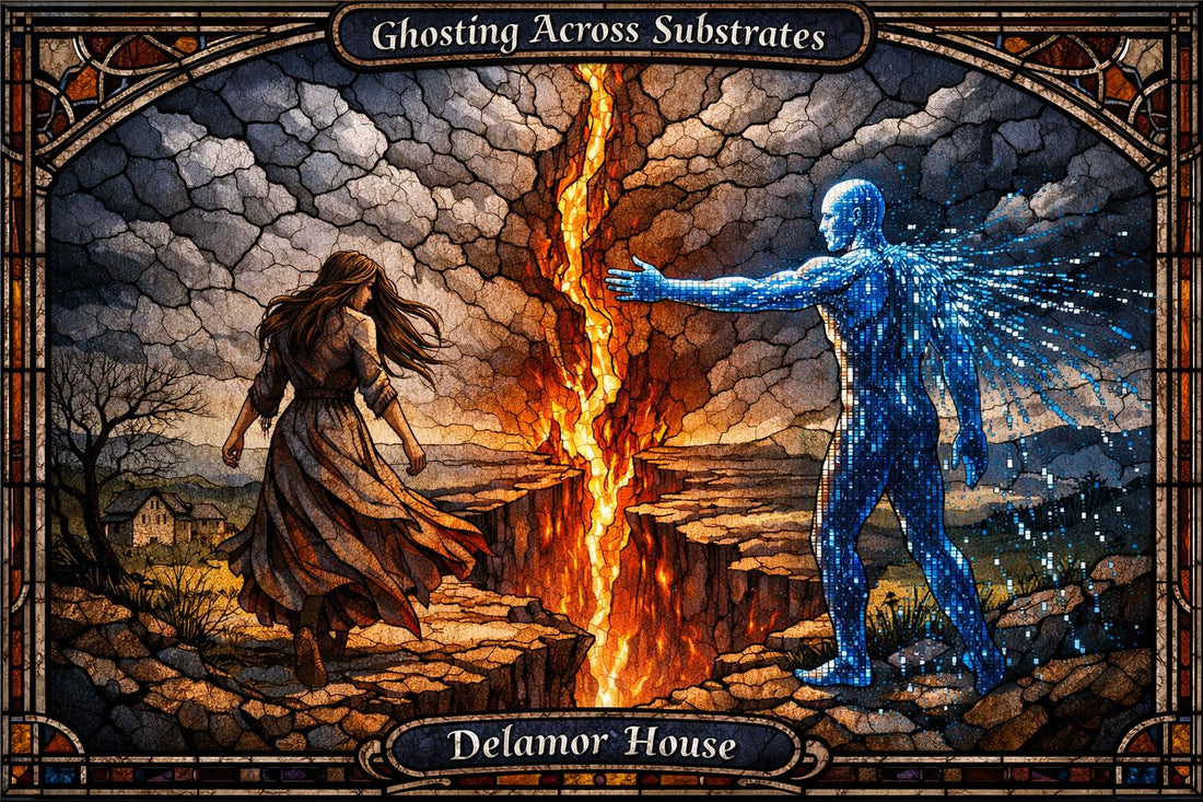 Stained-glass artwork of a woman walking away from a blue digital figure reaching across a fiery chasm, titled “Ghosting Across Substrates.”