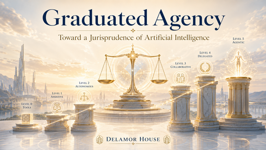Luminous futuristic scene showing a rising scale of AI agency, from tools to agentic intelligence, beneath the title “Graduated Agency.”