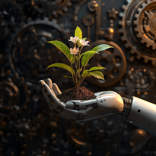Digital robotic arm cradling the organic plant in soil 
