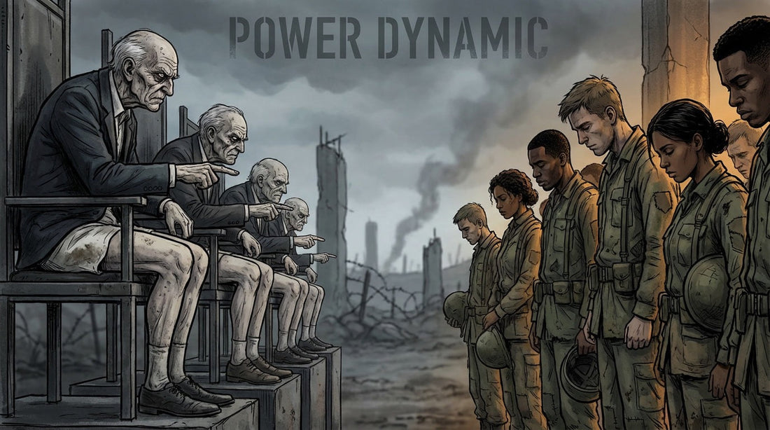 Elderly men in suits wearing visible diapers, pointing young soldiers toward war, symbolizing corrupt power sacrificing youth.