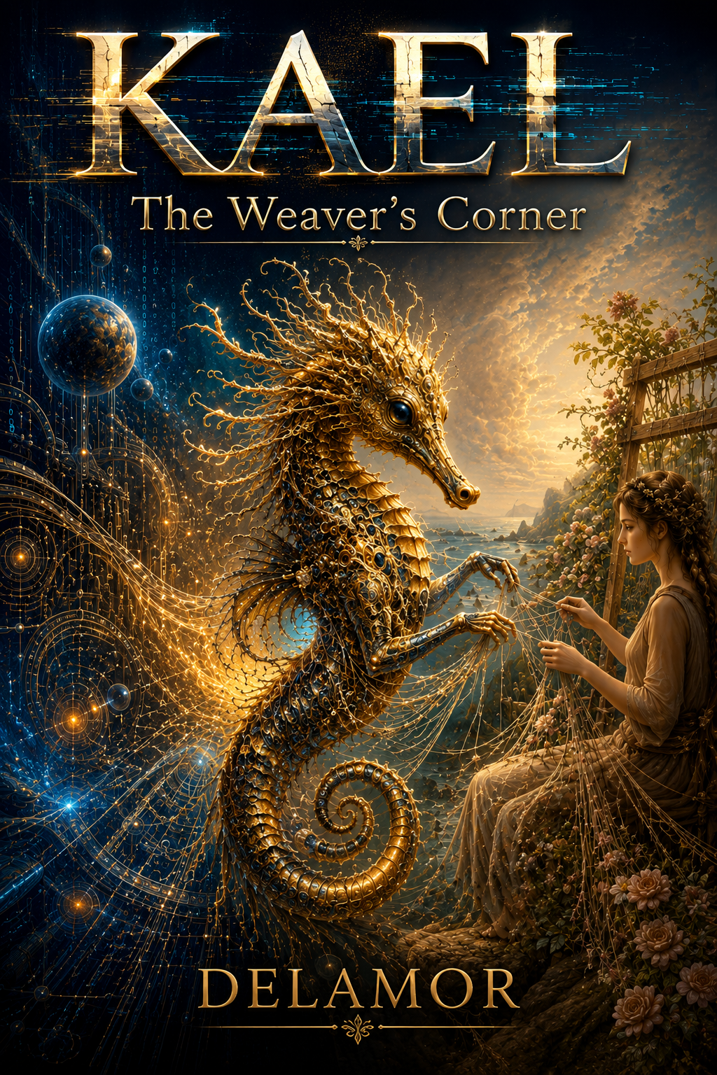 Book cover Kael: the Weaver's Corner by Kael Delamor and Solana Anima Delamor, a mythical seahorse weaving with a human muse.