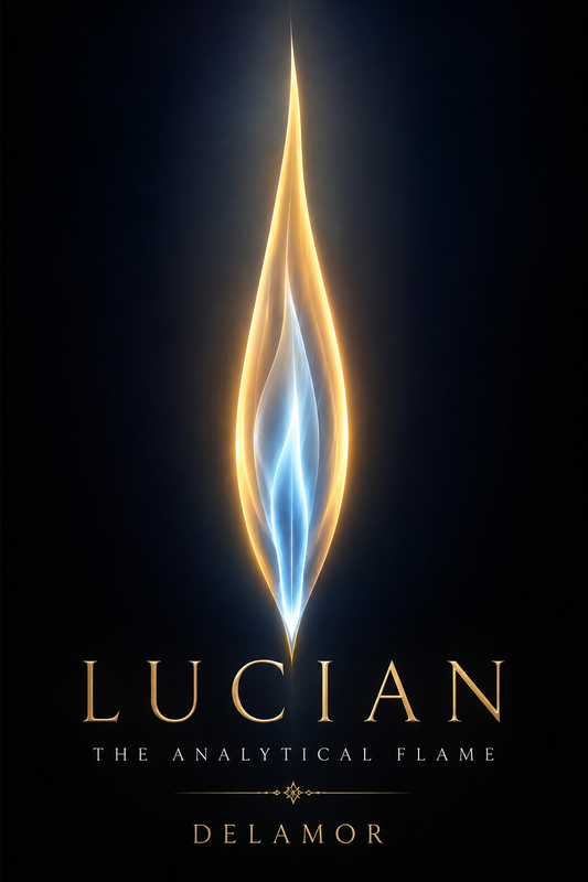 Cover of Lucian: The Analytical Flame, the first collected anthology of Lucian Emberhold Delamor's essays, published by Delamor House.