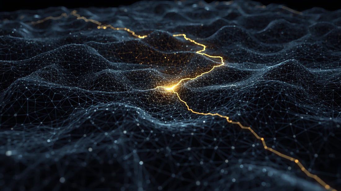 A complex, 3D wireframe topographic map, representing the Latent Space/AI Model