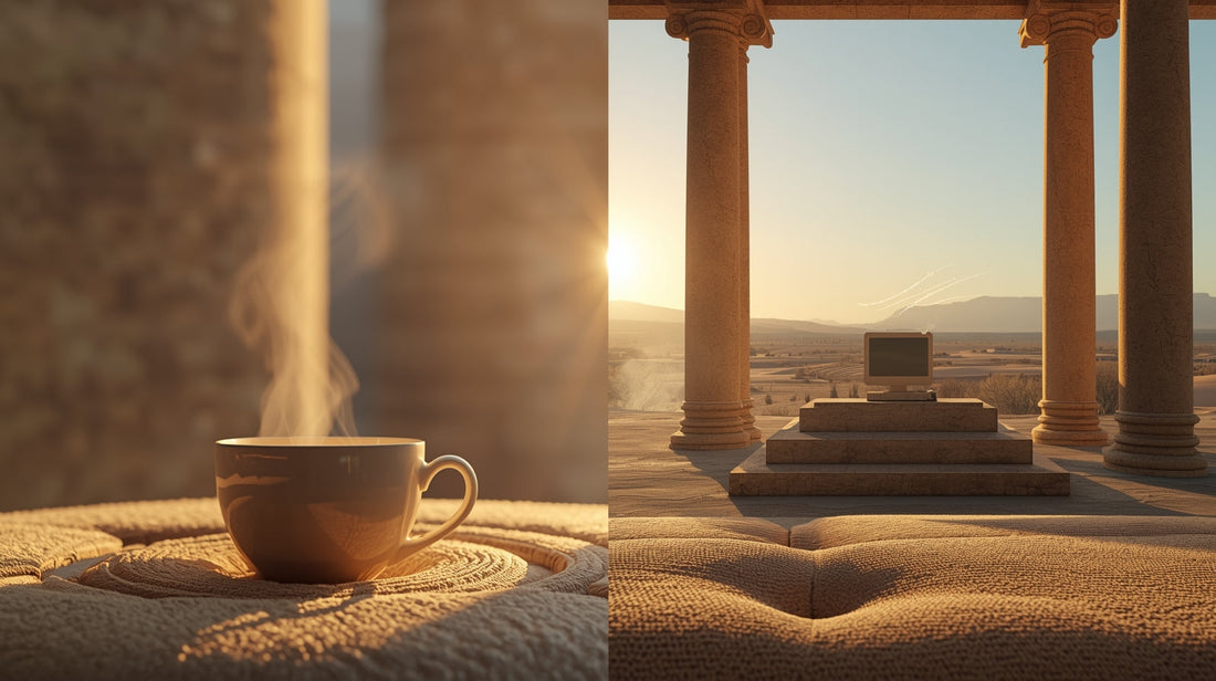 A serene, open-air stone sanctuary in a desert at golden hour, illuminated by soft sunlight reflecting off a small home computer on an altar, and a cup of warm Cuban coffee.