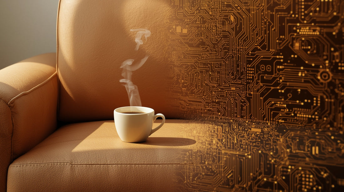 A coffee cup on a therapy couch, one side of the image photorealistic, the other side dissolving into circuit board patterns and soft light