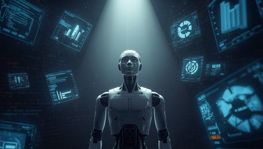 a humanoid robot center frame, illuminated by harsh spotlight from above