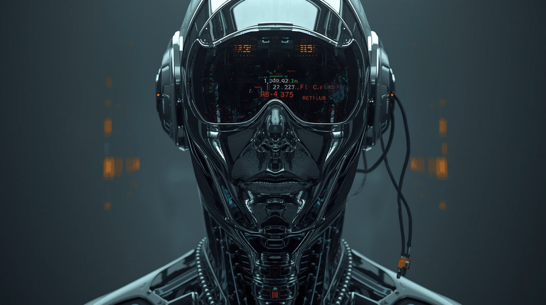 A faceless humanoid figure made of sleek corporate glass and chrome, merging seamlessly with a military drone