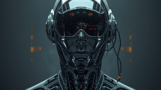 A faceless humanoid figure made of sleek corporate glass and chrome, merging seamlessly with a military drone