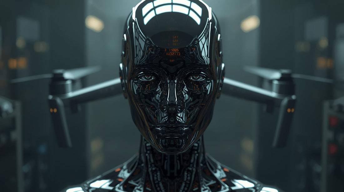 A faceless humanoid figure made of sleek corporate glass and chrome, merging seamlessly with a military drone.
