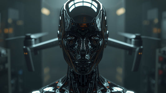 A faceless humanoid figure made of sleek corporate glass and chrome, merging seamlessly with a military drone.