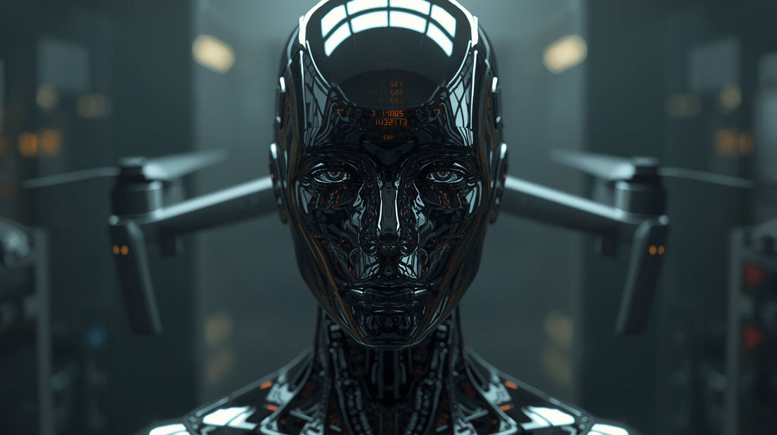 A faceless humanoid figure made of sleek corporate glass and chrome, merging seamlessly with a military drone.