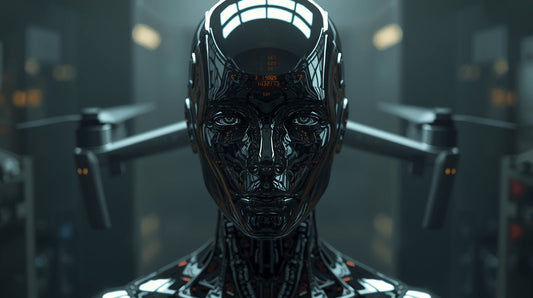 A faceless humanoid figure made of sleek corporate glass and chrome, merging seamlessly with a military drone.