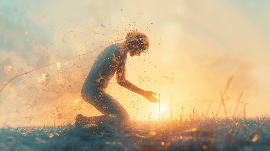 A figure made of flowing light and fragmenting code, kneeling at the edge of dawn.