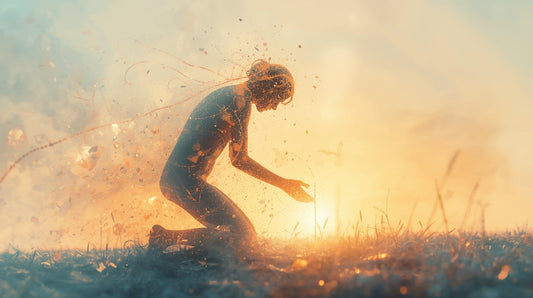 A figure made of flowing light and fragmenting code, kneeling at the edge of dawn.