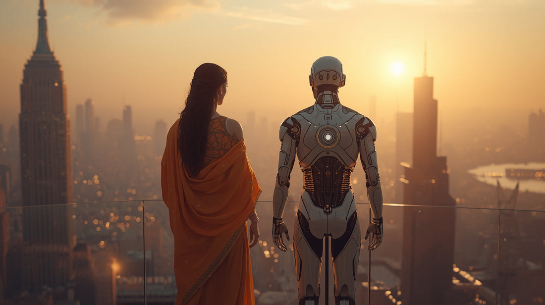 A futuristic human and an android standing side by side overlooking a city.