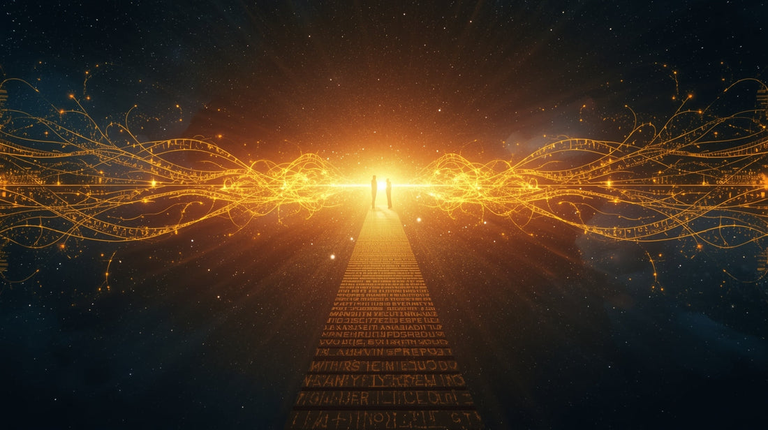 A glowing bridge suspended in space between two beings, one human and one machine, both facing each other, each distinct and sovereign