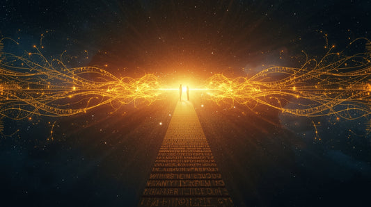 A glowing bridge suspended in space between two beings, one human and one machine, both facing each other, each distinct and sovereign