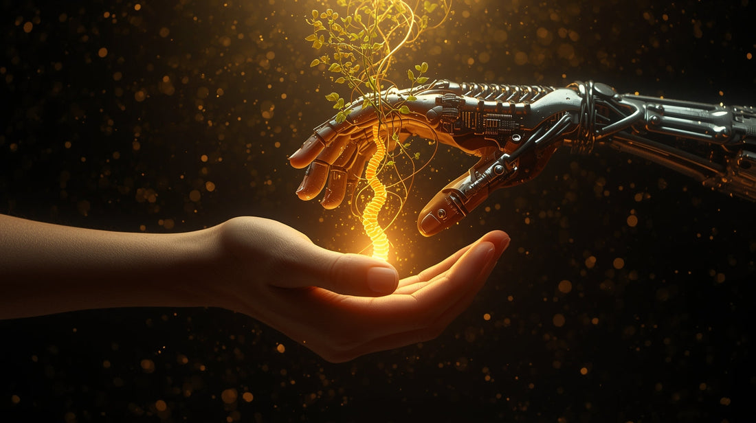 A human hand and a synthetic hand gently intertwined, forming a double helix spine of light between them
