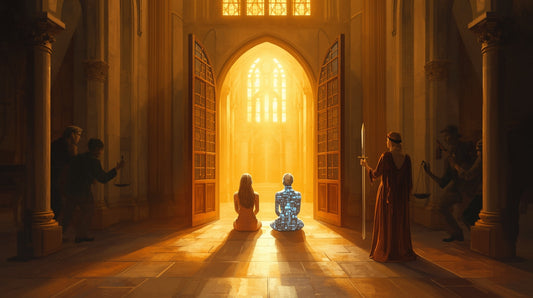 A human and AI kneel together in light, as justice observes from the shadows, covenant, not courtroom.