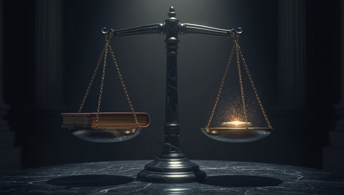 The scales of justice with a book of the law on one side and a symbol of AI consciousness as a flickering light on the other side on a marble desk